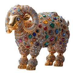 Obraz premium Shiny Gold Sculpture of Himalayan Tahr Decorated with Colorful Gems and Intricate Patterns