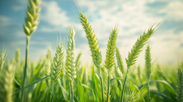 Green Wheat Field Early Growth Stage Under Blue Sky