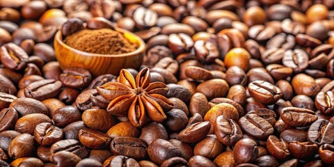 Fototapeta premium Freshly roasted coffee beans with cracked shells and aromatic oils , close-up, aroma, close-up, aroma