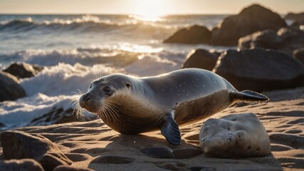 A seal resting on a sandy beach with waves in the background during sunset.