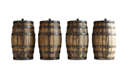 Fototapeta premium Four weathered wooden barrels in a row with dark metal hoops, rustic aged wood texture isolated on transparent background