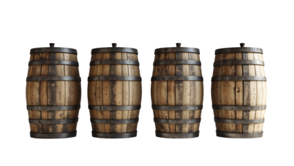 Four weathered wooden barrels in a row with dark metal hoops, rustic aged wood texture isolated on transparent background