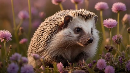 Fototapeta premium A hedgehog among blooming flowers in a serene natural setting.