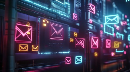 Neon Email Icons Digital Technology Abstract Background Modern 3d web art data pink blue style color