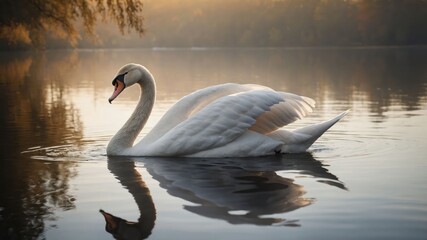 A serene swan gliding across a tranquil lake at sunset, reflecting beauty and nature.