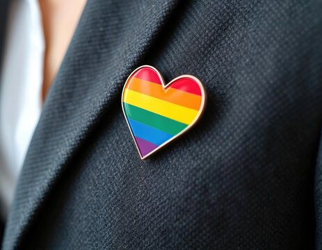 Heart shaped LGBT flag pin on business suit lapel closeup. Symbol of love, pride, acceptance. Diversity and inclusion support. Multi colored rainbow flag badge on jacket. Tolerance emblem. - Powered by Adobe