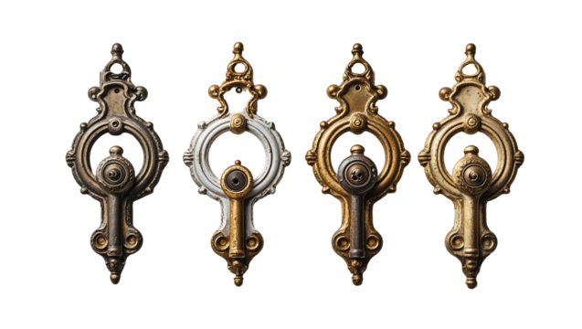 Collection of antique decorative door bolts with unique metal textures and enamel accents, nostalgic and gothic-inspired hardware design in PNG style