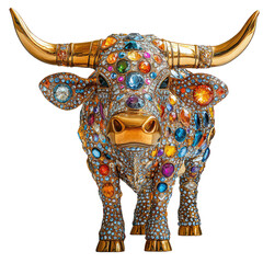 Obraz premium Shiny Gold Sculpture of a Longhorn Decorated with Colorful Gems and Glittering Details