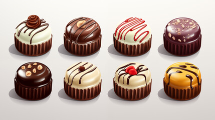 Set of 8 round tall chocolate brownies, cookies, decorated with multicolored glaze, angle view, white, icing sugar, color image, isolated on a white background, no people, collection, 3d