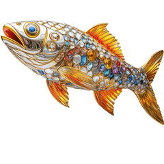 Shiny Golden Sculpture of Colorful Mackerel with Gemstone Details and Intricate Design for Artistic Display
