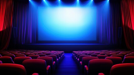 Fototapeta premium Cinematic View of an Empty Theater with Blue Stage Lighting