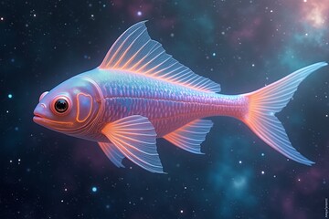 A digital art image of a stylized fish swimming in a dark, nebulous space with scattered light points. 