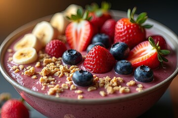 A close-up photograph of a smoothie bowl in a clear glass bowl, featuring a pink smoothie base topped with fresh strawberries, blueberries, granola, and sliced bananas.