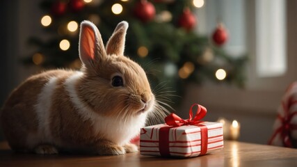 A cute rabbit sits beside a beautifully wrapped gift, with a festive tree in the background.