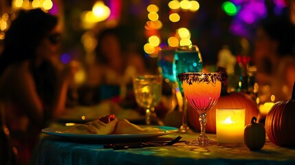 Festive Halloween dinner party with colorful cocktails, pumpkins, and candlelight.