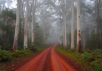 Obraz premium Misty morning road through tall, white-barked trees in a forest.