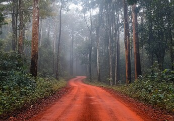 Obraz premium Winding red dirt road through a misty forest.