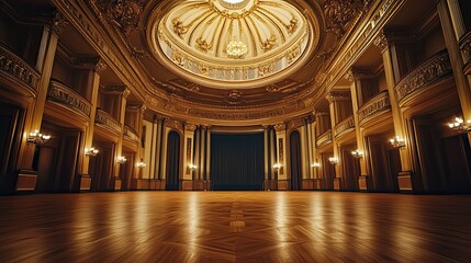 Obraz premium A grand ballroom interior features exquisite architectural details and a stage