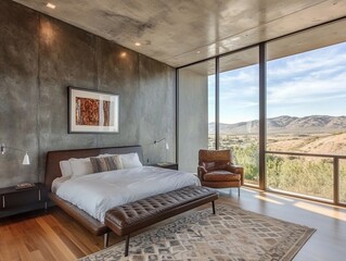 Modern bedroom with leather bed, chair, and expansive mountain view.