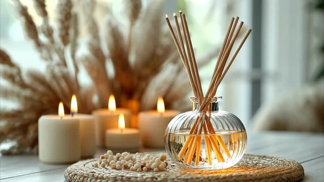 Relaxing home ambiance with essential oil diffuser and candles for a calming atmosphere