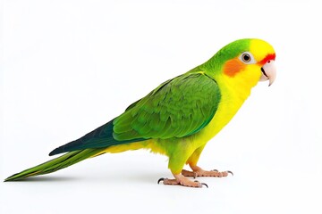 Obraz premium A vibrant yellow-sided green parrot perched on a white background.