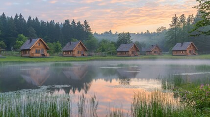 Obraz premium Charming Rustic Lakeside Scene at Sunrise