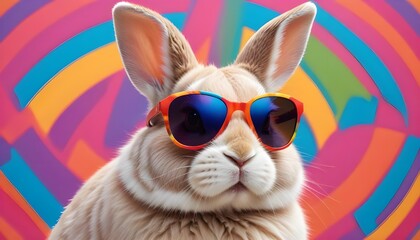 A stylish bunny rocking sunglasses, set against a vibrant and eye-catching multicolored background. perfect for easter concept