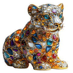 Shiny Gold Colorful Sculpture of a Snow Leopard with Intricate Gemstone Details and Eye-Catching Design