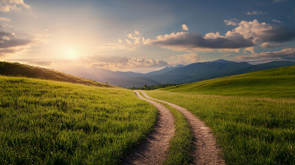 Fototapeta premium A winding dirt path leads through lush green fields under a beautiful sunset, with serene mountains in the background.