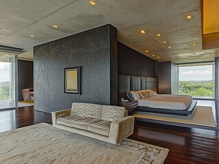Modern bedroom suite with large windows, dark walls, plush seating, and a view.
