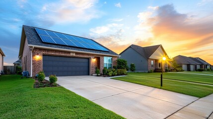 Modern House with Solar Panels at Sunset in Suburban Neighborhood