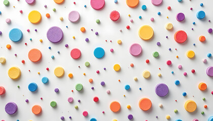 Colorful circles and small dots scattered on white background