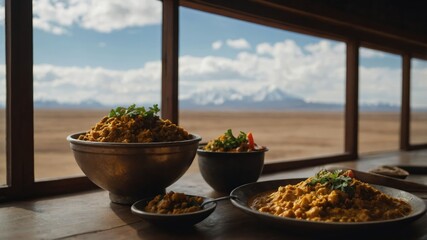 A scenic view featuring traditional dishes placed near a window with mountains in the background.