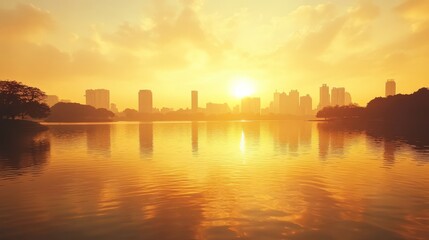 Fototapeta premium Golden Hour Reflections Over Urban Lakes