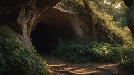 A serene cave entrance surrounded by lush greenery and a dirt path leading inside.