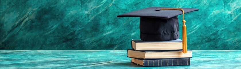 Graduation cap on books, teal background. Education concept