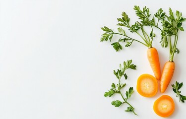 Fresh organic carrots with green tops and slices on white background.