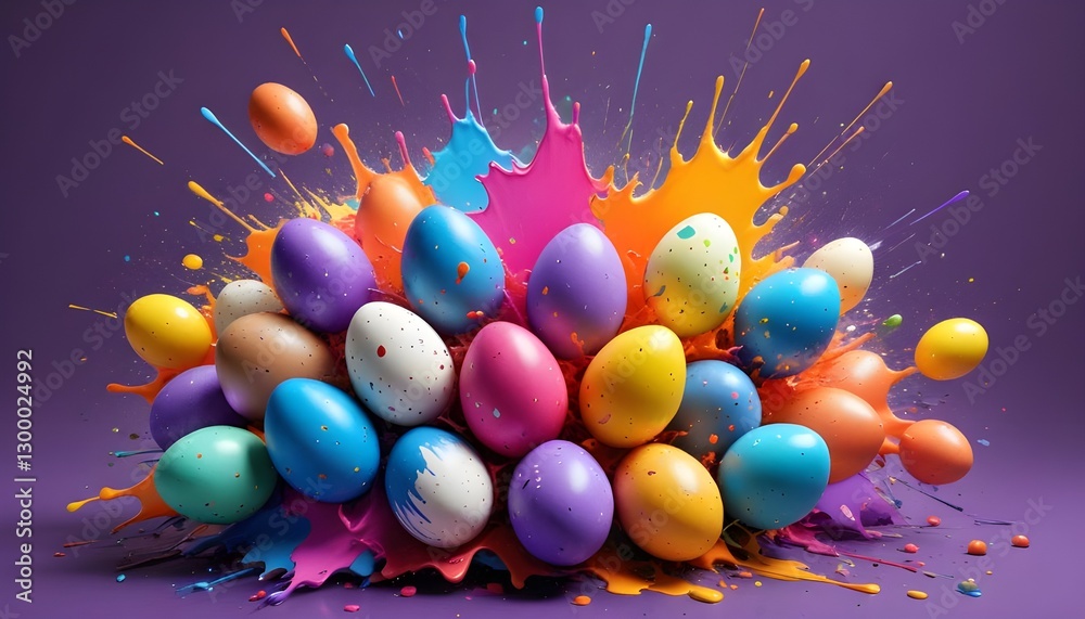 Aufkleber a vibrant explosion of colorful easter eggs, with a lively paint splash effect adding a burst of fes