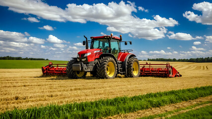 Obraz premium Red Baler Machine Baling Hay in Open Field Under Clear Blue Sky