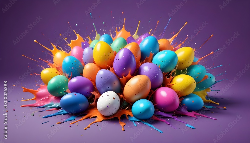 Poster a vibrant explosion of colorful easter eggs, with a lively paint splash effect adding a burst of fes