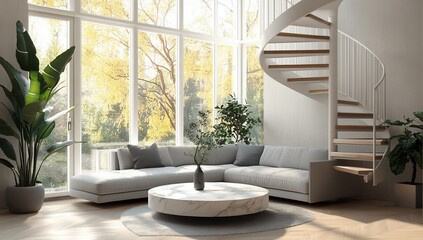 Fototapeta premium Modern living room with large windows, spiral staircase, and comfortable sectional sofa.