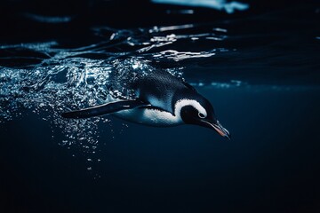 Obraz premium Penguin diving underwater, bubbles, dark water.