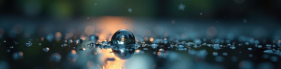 Single raindrop impacting a dark, glossy surface, dark, wood
