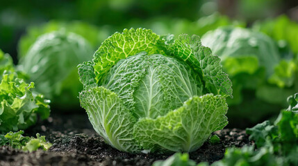 Raw green cabbage features vibrant leaves and rich texture, symbolizing health and nutrition. This wholesome vegetable thrives in a garden, providing essential vitamins and minerals