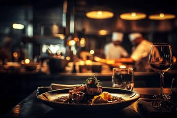 Fototapeta premium A blurred restaurant ambiance featuring diners enjoying their meals.