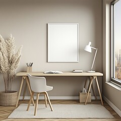 Minimalist home office with wooden desk, chair, pampas grass, and blank frame.