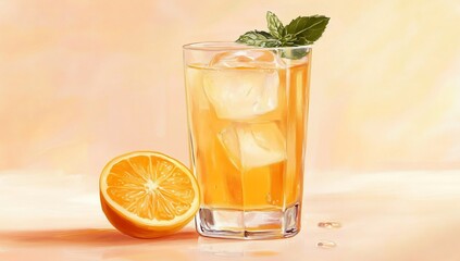 Fototapeta premium Refreshing iced orange drink in glass with ice cubes and orange slice.