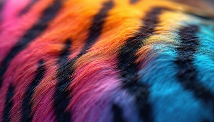 Hyper realistic close-up photo of rainbow colored tiger fur pattern. Vibrant gradient stripes background, wild animal detailed colorful texture. Exotic feline design, striking high-colored unique