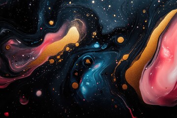 Abstract cosmic artwork with swirling colors of blue, pink, and gold resembling a galaxy backdrop