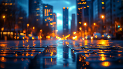 Obraz premium Rainy City Street at Night with Blurred Lights and Reflections on Wet Pavement 